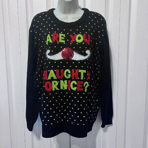 Christmas Sweater-Women's "Are you naughty or nice"-Mustache-Small-Neon Green/Rd